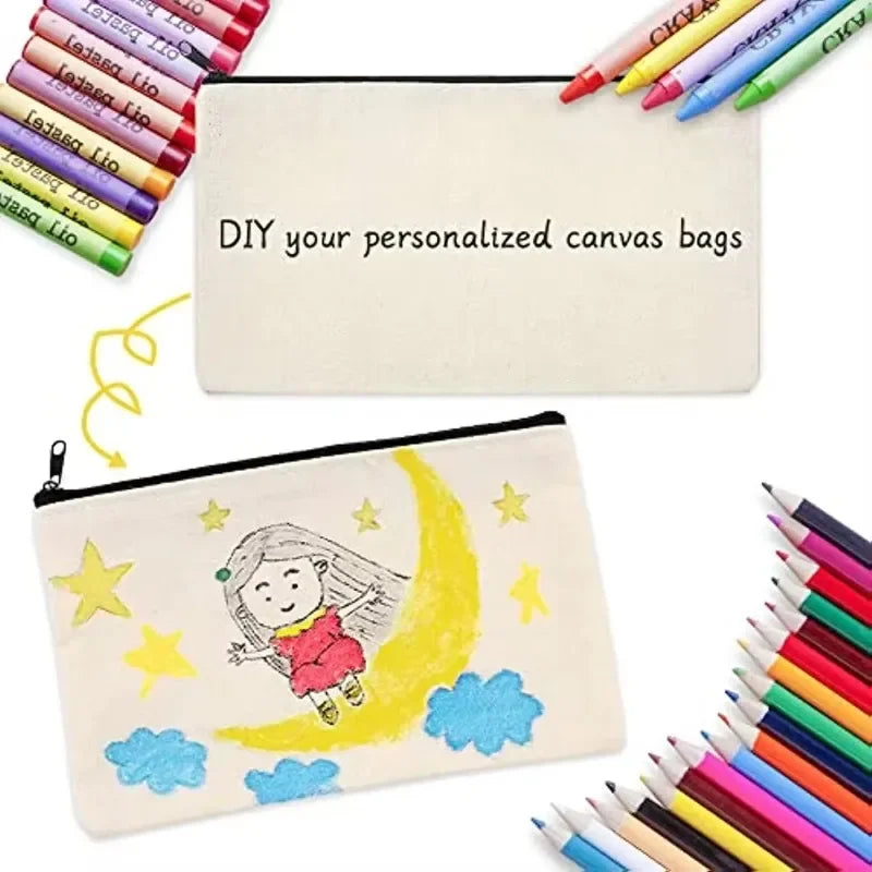 DIY Blank Canvas Zipper Pouch Bags School Pencil Bag Case for School DIY Craft Bag Canvas Makeup Bags Handmade Gift Bag