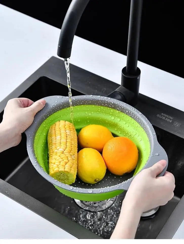 Single Pc Kitchen Travel Colander - Green Silicone Collapsible Strainer for Draining Pasta Fruits Vegetables