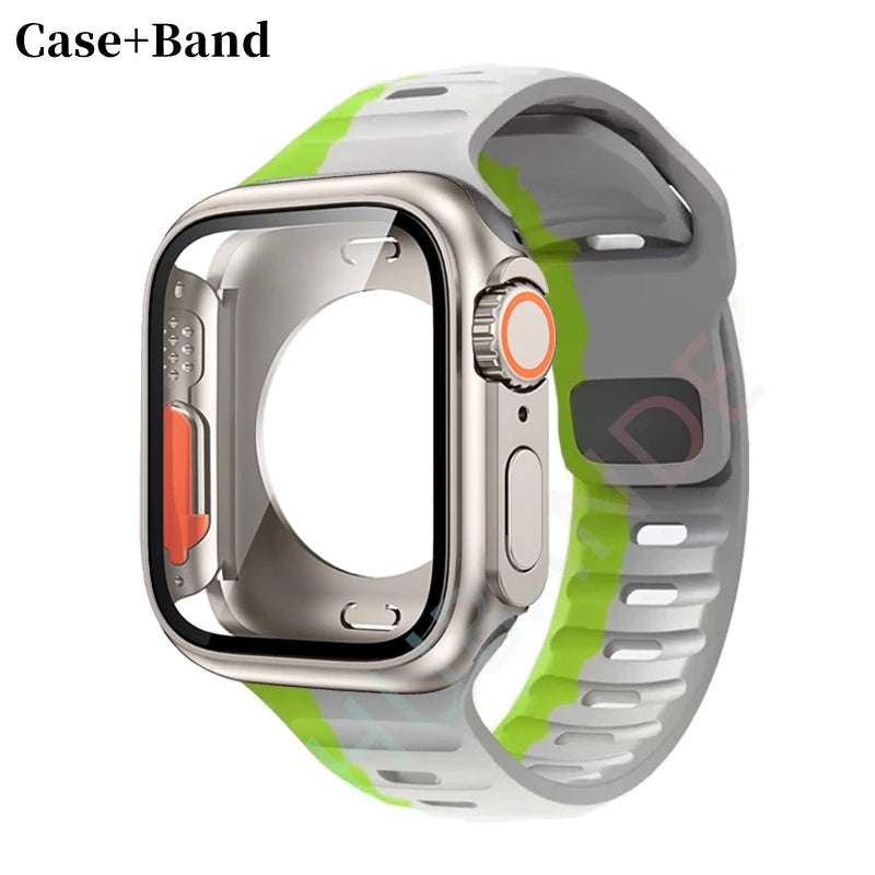 Silicone strap For Apple Watch 44mm 45mm 41mm 40mm Bracelet+Screen protectores Change to Ultra For iWatch Series 9 8 7 SE 6 5 3