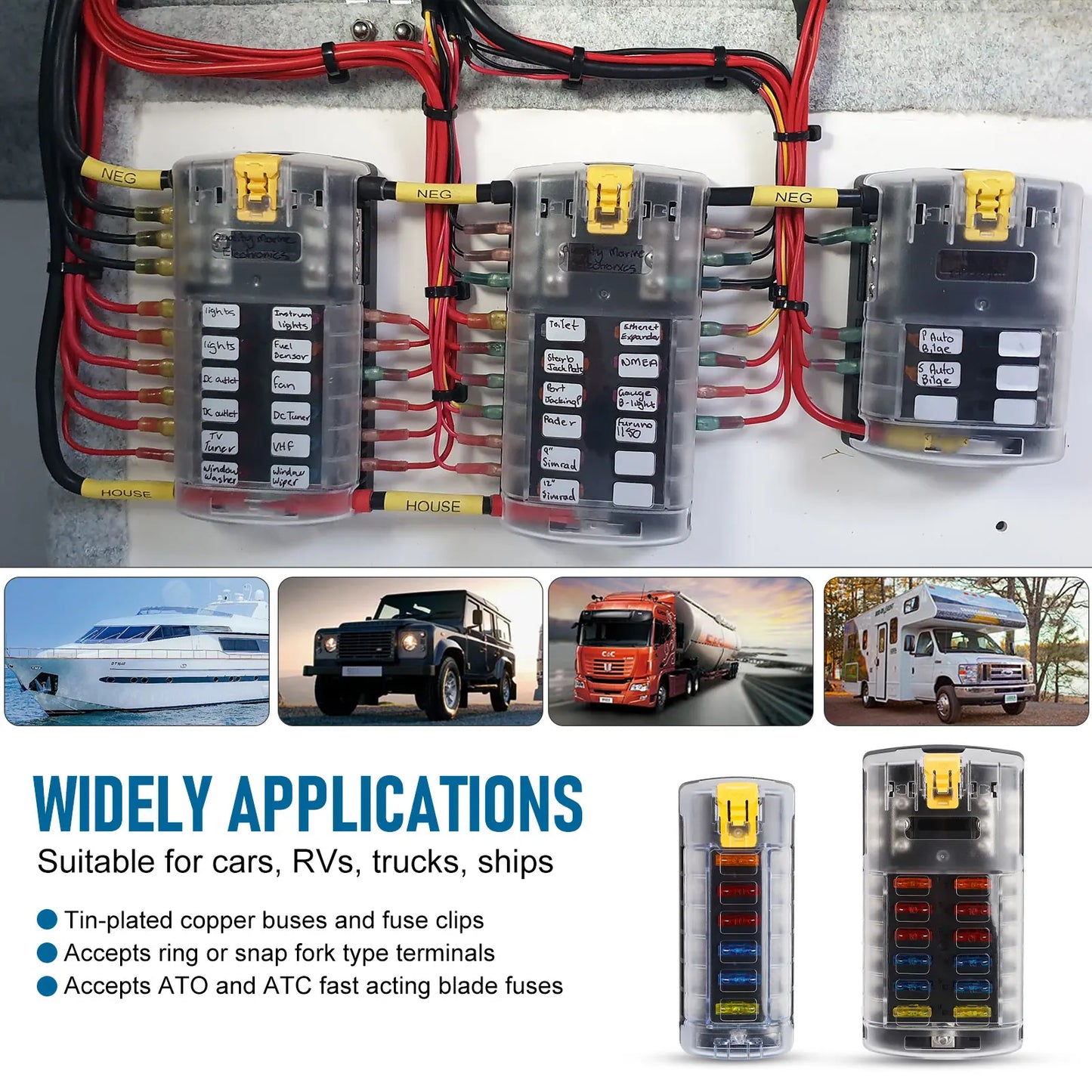 6/12 Way Car Boat Blade Fuse Box Block Holder LED Indicator 12V 32V Auto Marine Waterproof Power Distribution Panel Board