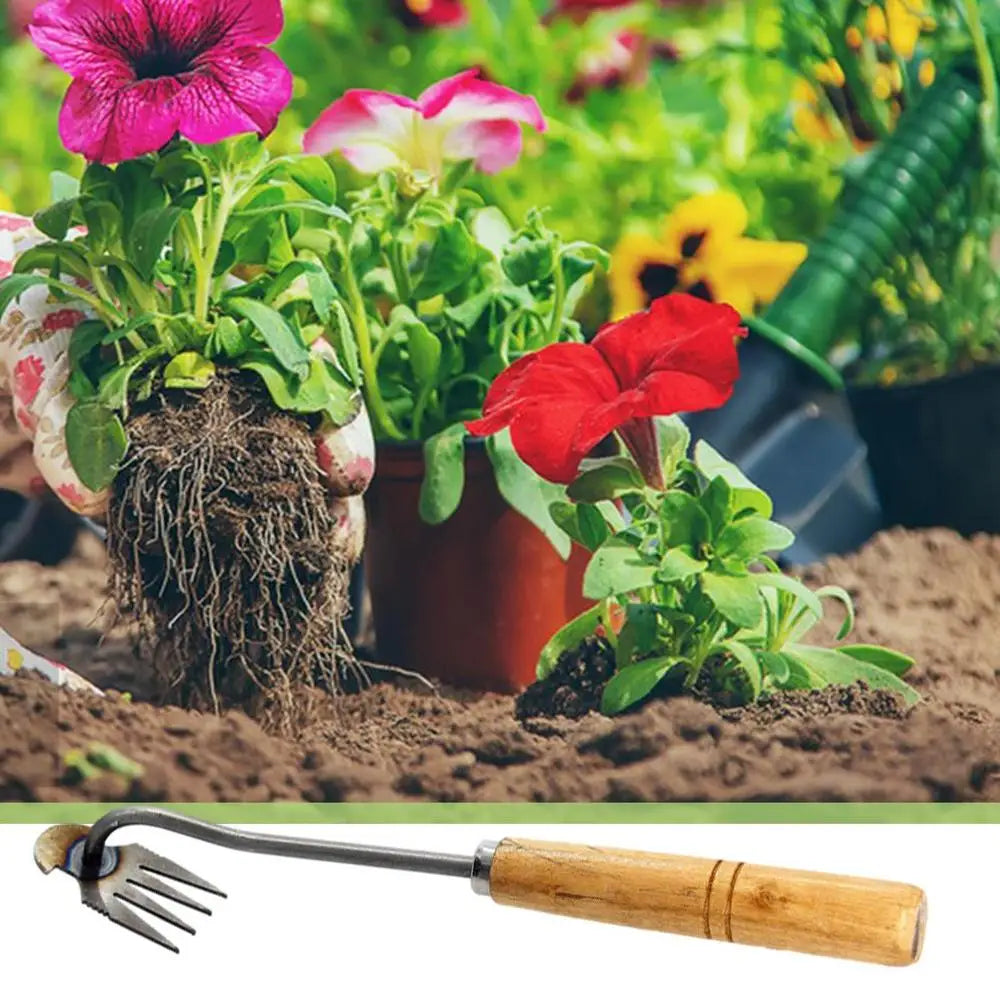 2 In 1 Garden Rake Manual WSeed Grass Rooting Tool Puller Shovel 4 Teeth Weeding Removal Hand Gardening Loose Soil Tool Weeder