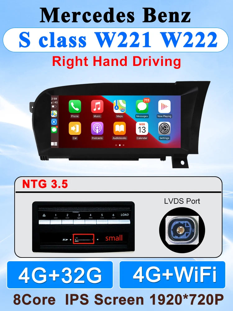 10.25" Wireless CarPlay & Android Auto Display Screen, Compatible with Mercedes-Benz S-Class W221 (NTG 3.0/3.5)