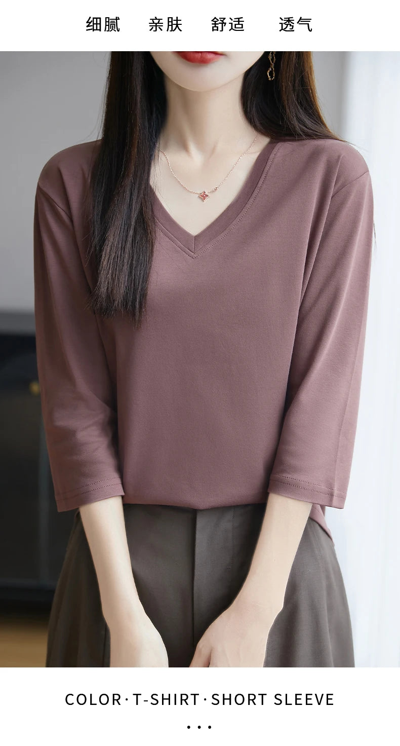 Spring And Summer New Cotton V-neck T-shirt Short-Sleeved Women's Half-Sleeve Bottoming Shirt High-End Cropped Sleeve Top