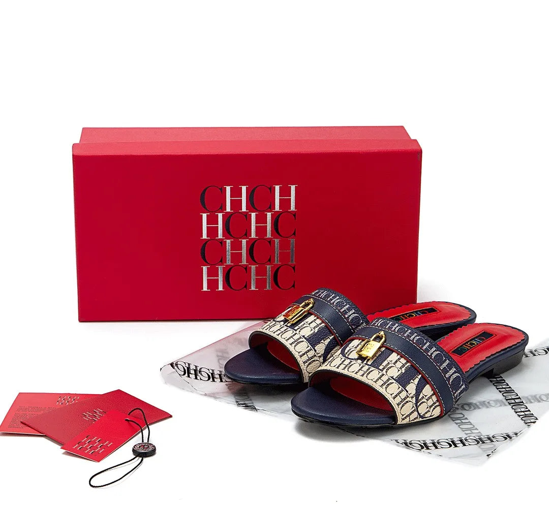 CH High Quality Metal Lock Monogram Print Women's Low Heeled Slippers Delicate and Versatile Women's Fashion Slippers
