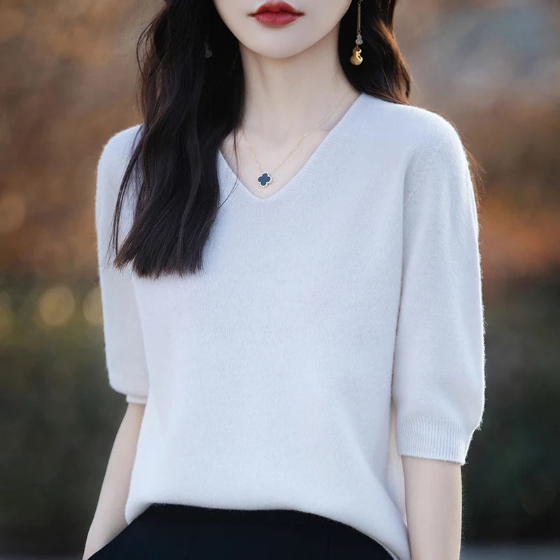 RONGYI Spring/Summer 2026 Ladies Sweater Pullover Solid Color V-neck Half-sleeved Knitted Cashmere Sweater Thin Casual Top