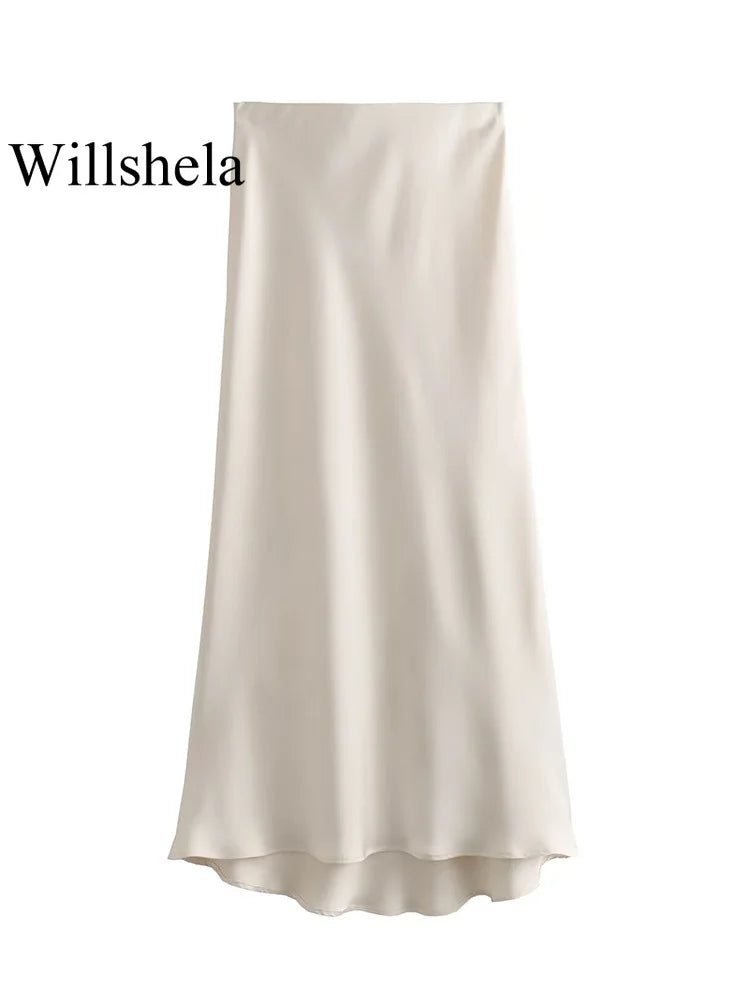 High-Waist Satin Midi Skirt – Elegant Office A-Line Skirt