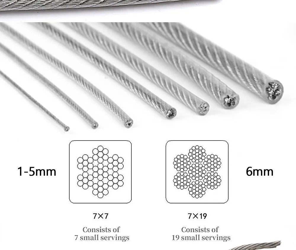 Steel Wire Rope Transparent Color PVC Plastic Coating 1.0-6mm 304 Stainless Cable Used For Clotheslines 5M/10M/20M/50M/100M
