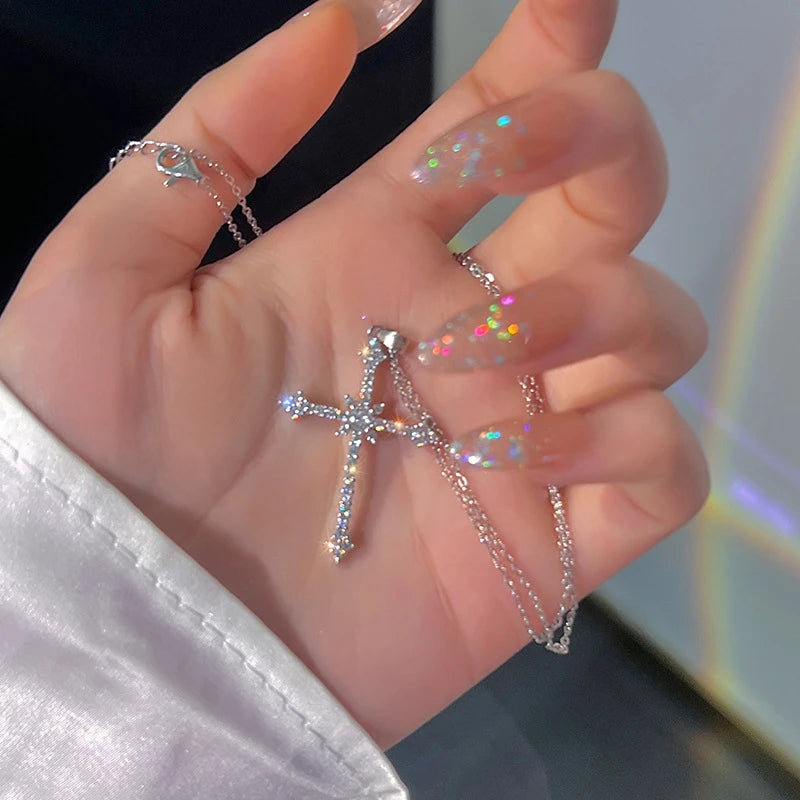 Crystal Zircon Cross Pendant Necklace for Women - Dainty Layering Chain