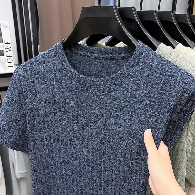 Men's Vertical Ribbed Tee - Crew Neck, Soft Elastic Daily Fabric