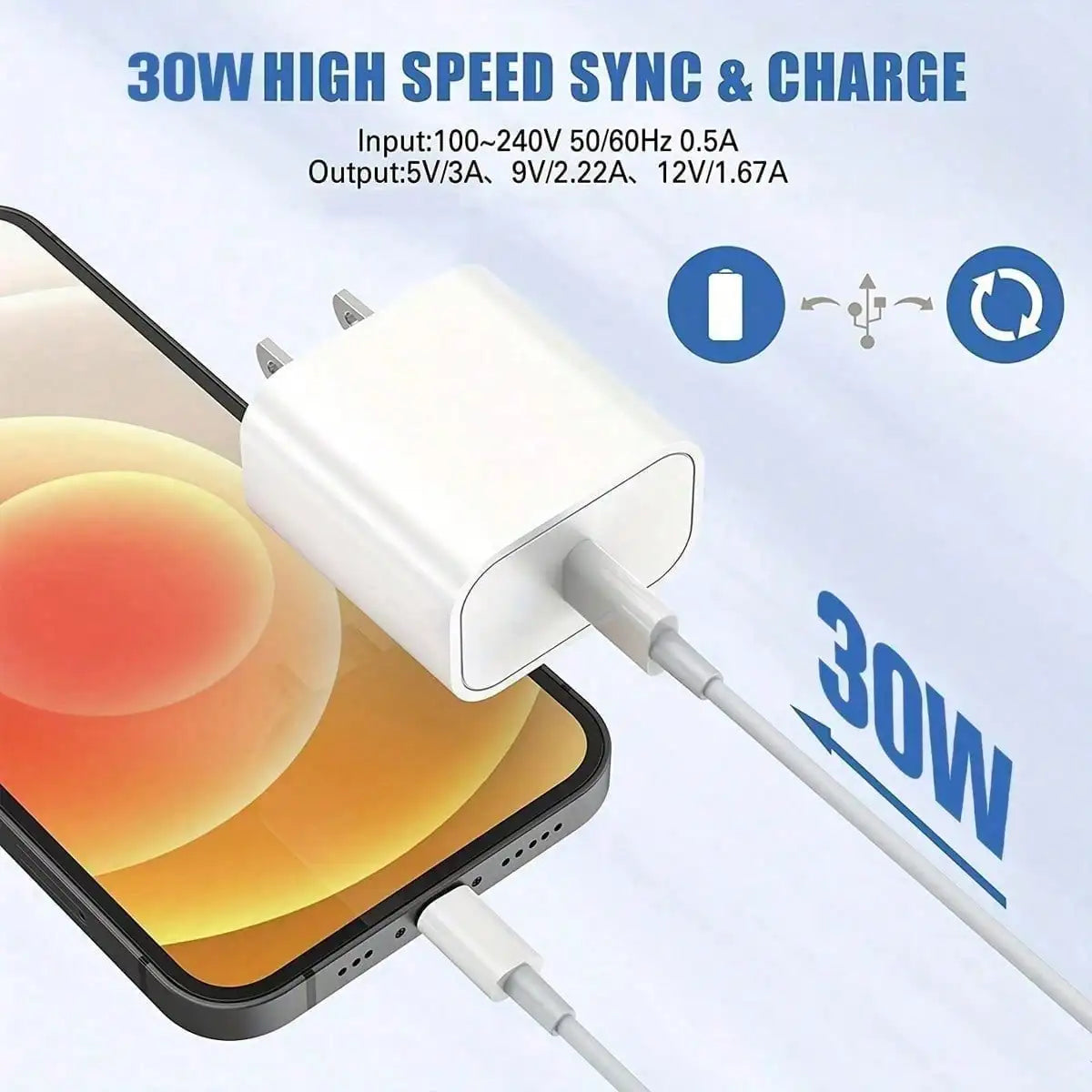 30W Fast Charging Kit – USB-C Wall Adapter + 3.3ft Data Sync Cable | FCC Certified Charger