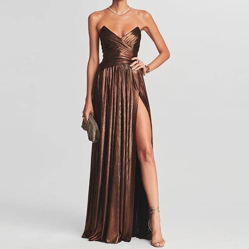 Women Spring Summer Sleeveless Casual Maxi Dress Strapless Elegant Fashion Party Dress Office Lady Retro High Slit Dress Vestido