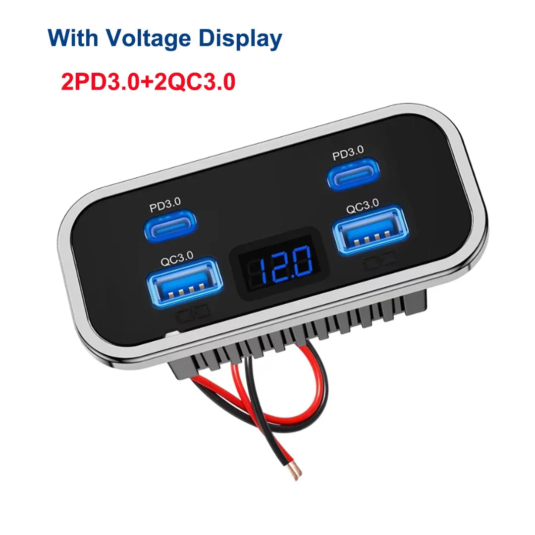 12V-24V 4 Ports Dual USB PD3.0 QC3.0 Outlet 76W Type-C Quick Charge Panel Wall Mount Charger Adapter for Marine Bus ATV Truck RV
