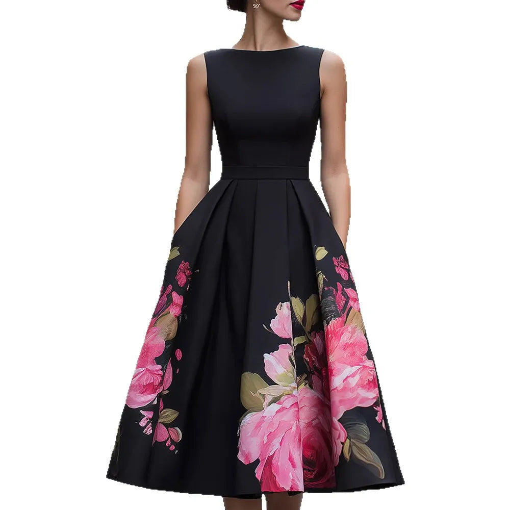 Elegant Chic O Neck Sleeveless Maxi Dress Women Summer Holiday Patchwork Printing Casual Party Dress Fashion Simple Ladies Dress