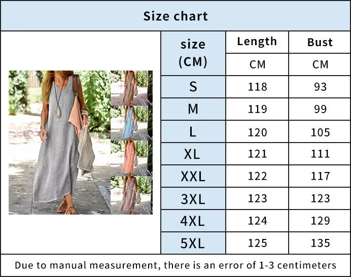 Summer Cotton Linen Dresses Women Casual V Neck Sleeveless Solid Color Loose Long Dress Female Daily Gown Holiday Robe Femme