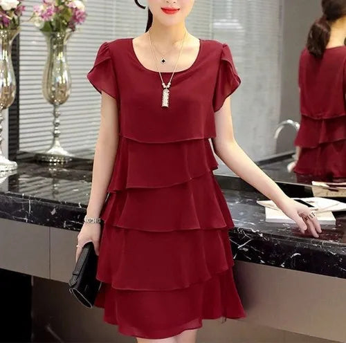 Women's Ruffle Chiffon Mini Dress — Sweet Solid Short-Sleeve O-Neck Dress
