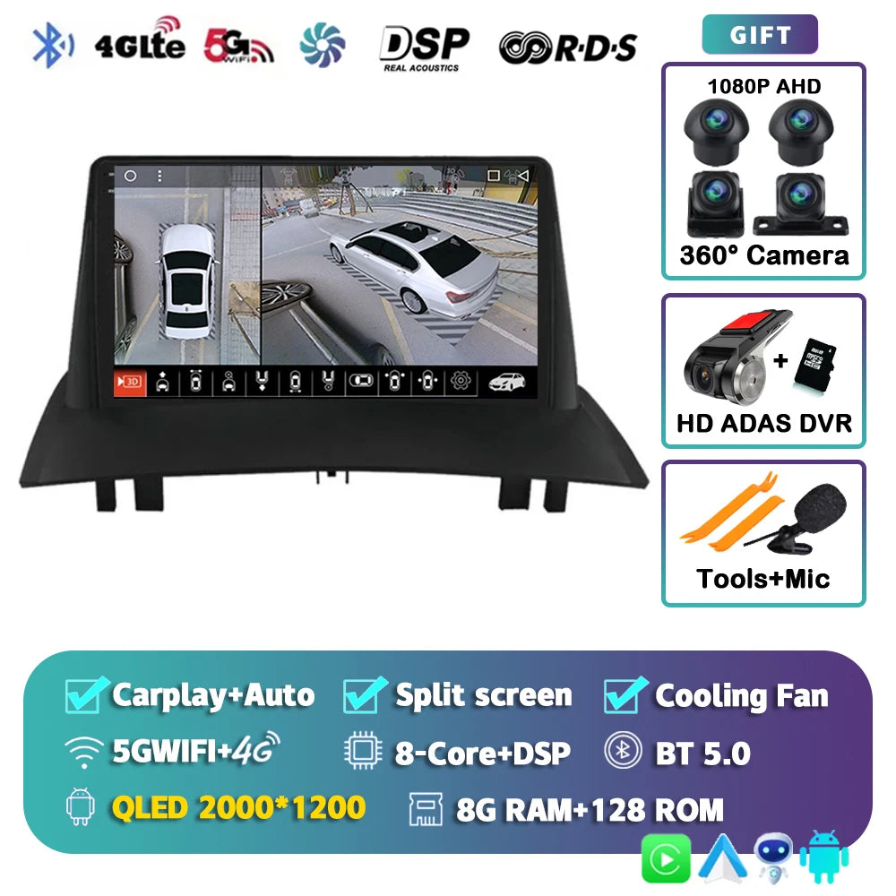 Android 16 For Renault Megane 2 2002-2009 2K QLED Android Car Radio Multimedia Video Player GPS Stereo CarPlay 4G Navigationv BT