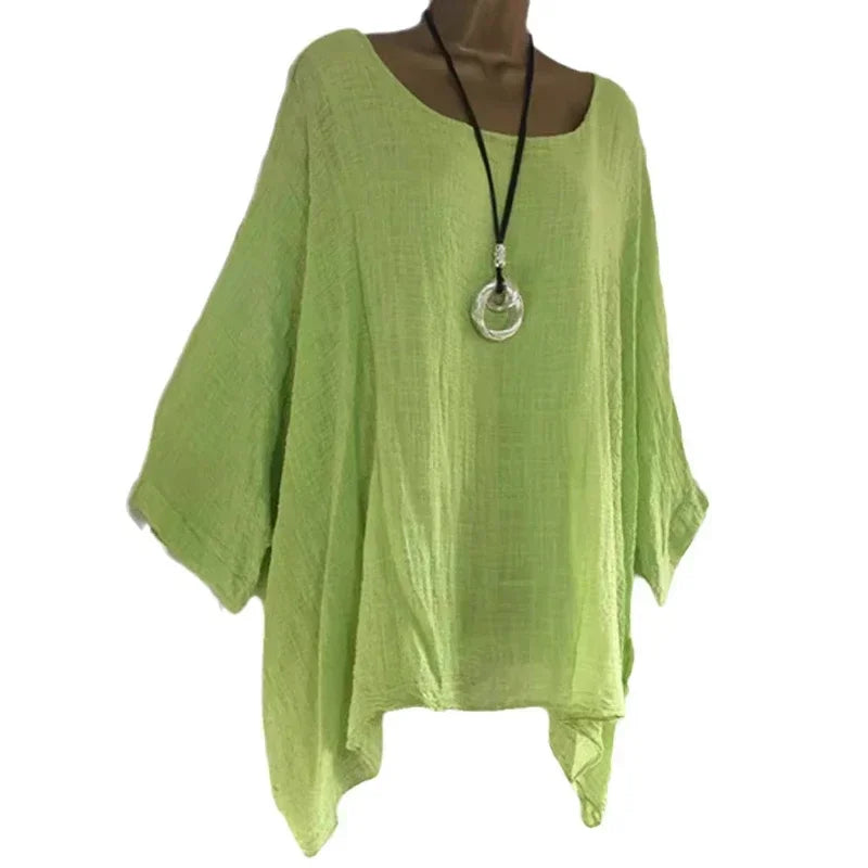 Women's Plus-Size Linen T-Shirt — Loose Batwing Long-Sleeve Top (to 5XL)