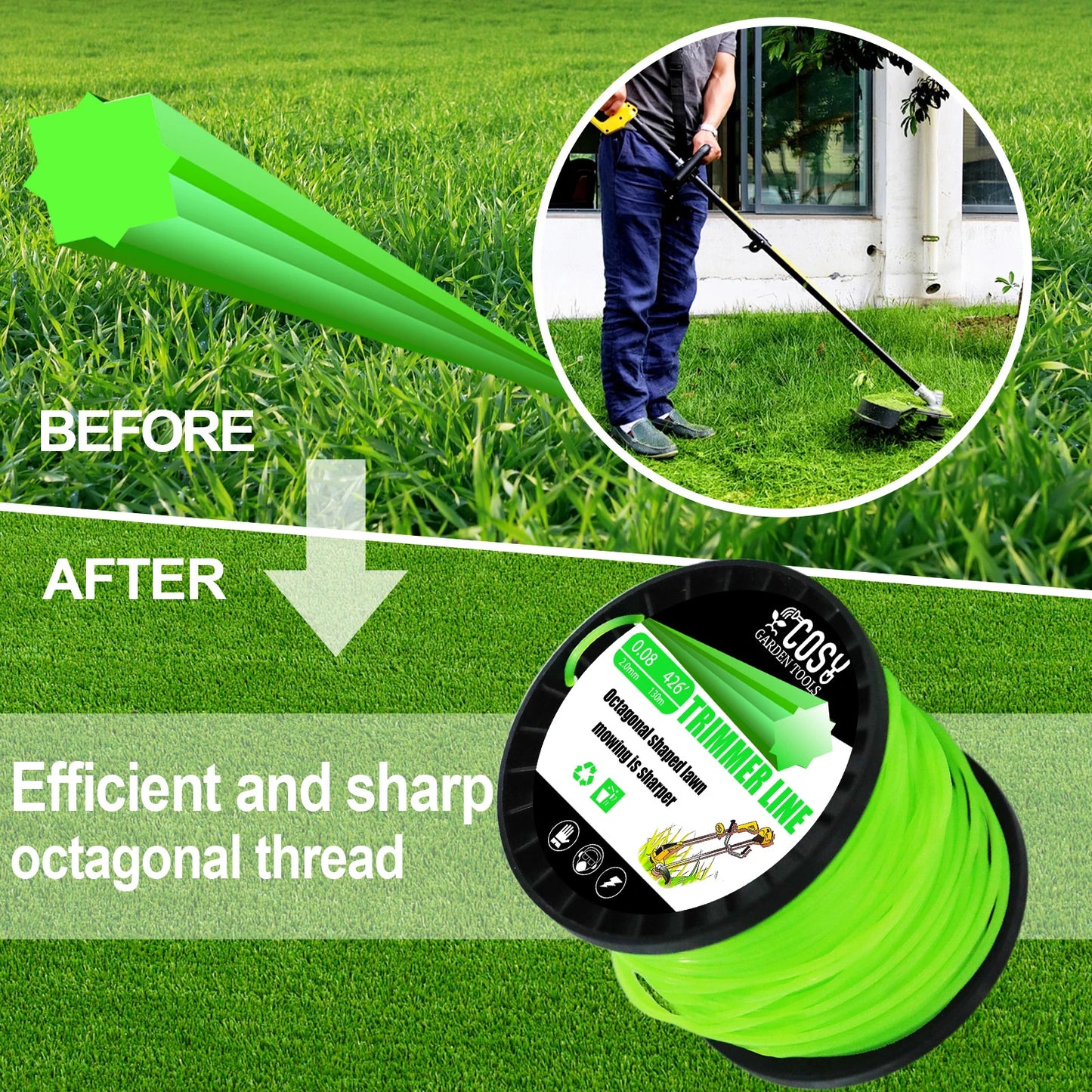 TSES 59m~130m Green String Trimmer Line Roll Durable Octagonal Shape Nylon Weed Whacker Line Strimmer Line Rope
