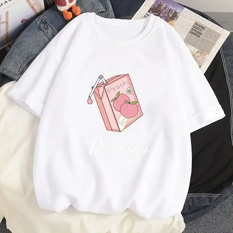 2026 Strawberry Girl Short Sleeved T Shirt Summer Women White Loose T-shirts Harajuku Kawaii Female Tops Y2k Clothes