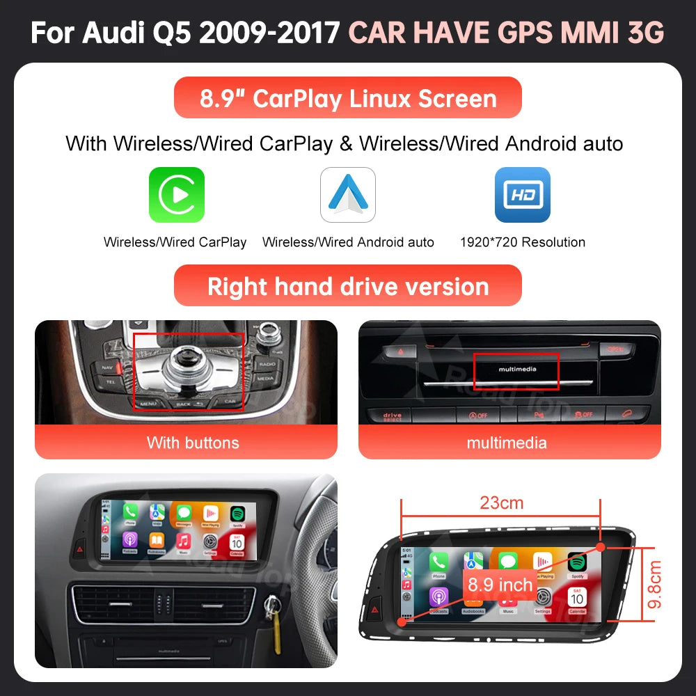 Wireless CarPlay & Android Auto Display Screen, Compatible with Audi Q5 (2009-2017)