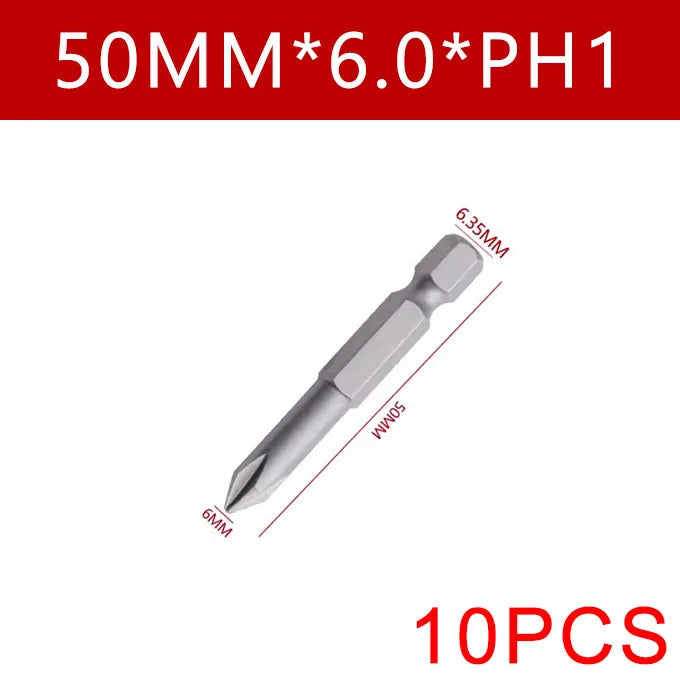 Cross Screwdriver Bit Set — 50mm Alloy Steel 1/4" Hex PH0/PH1/PH2 Bits