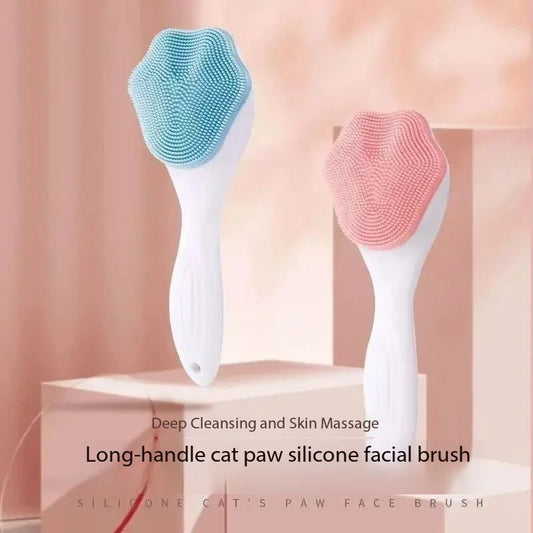 Facial Cleanser Massage Brush with Long Handle, Cat Paw Brush Head, Silicone Soft Hair, Gentle Facial Cleaning Tool.