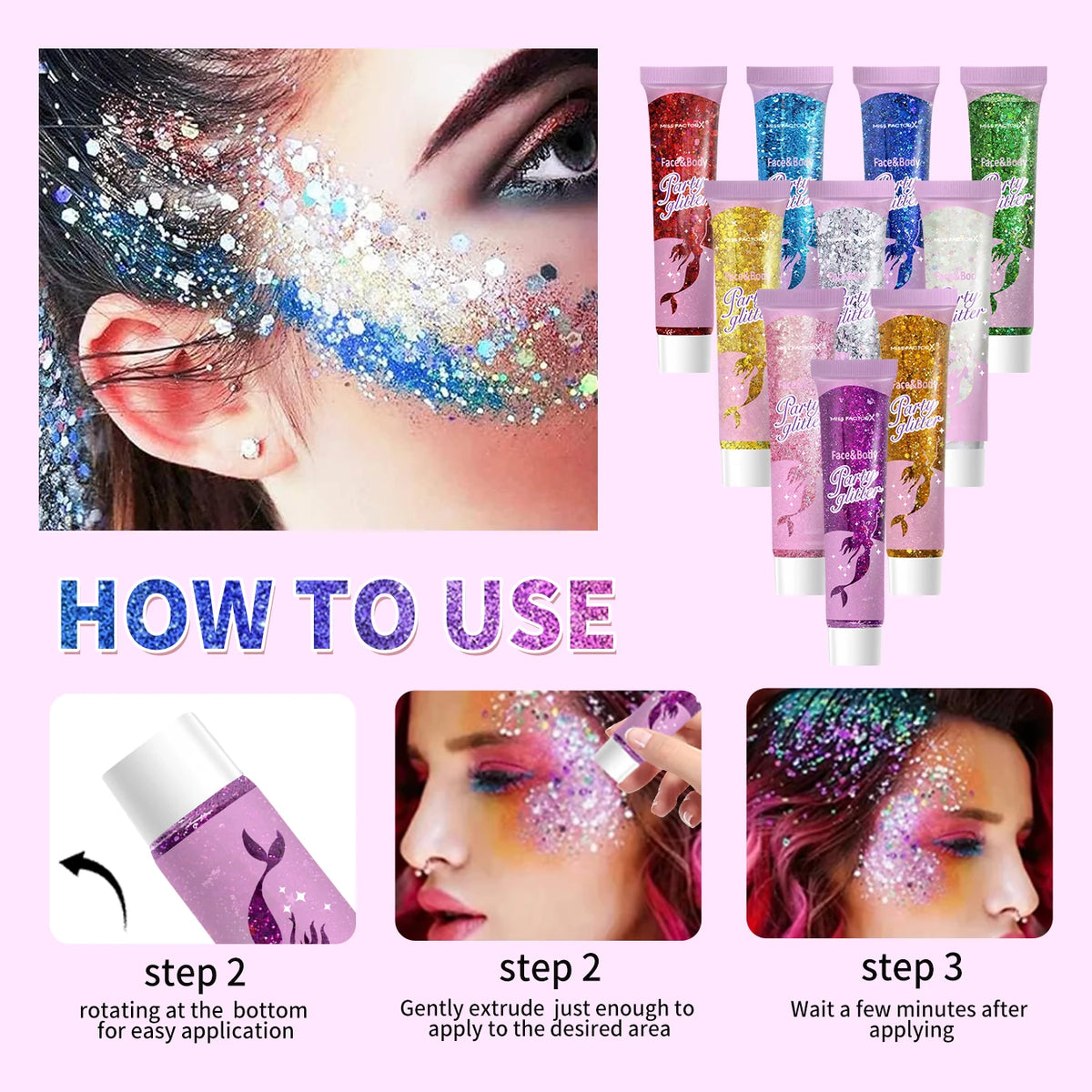 10 Piece Body Glitter Gel, Carnival Face Glitter Cosmetics Suitable for Women, Shiny Thick Hair Glitter, Carnival Accessories Fo