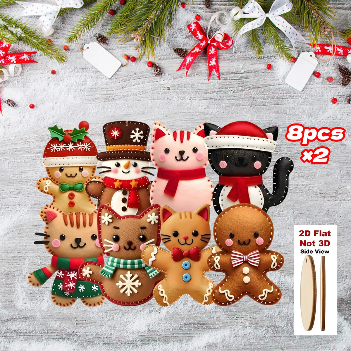2D Flat Gingerbread Cat Tree Toppers Artificial Wood Christmas Ornaments with Hanging Loop Xmas Tree Holiday Home Decor Supplies