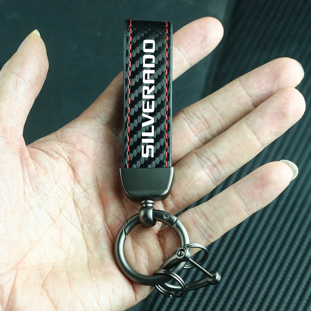 Carbon Fiber Leather Car Keychain Key Chain Pendant Keyring Horseshoe Buckle for SILVERADO SONIC SPARK SS Auto Accessories