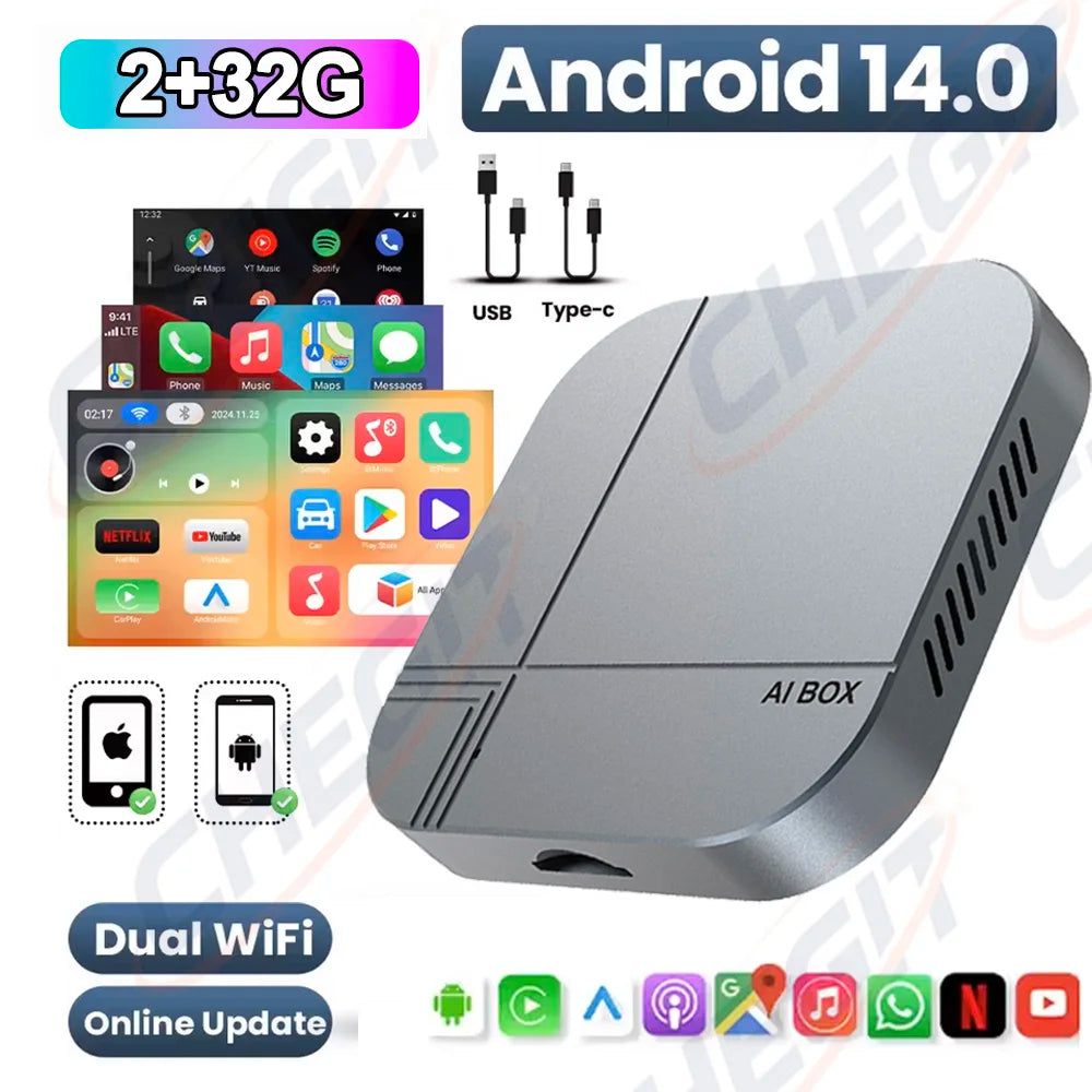 2026 Android AI Box 4G+64G/2G+32G Wireless CarPlay Adapter Android Auto TV Box For Youtube Netflix For VW Toyota Hyundai Ford