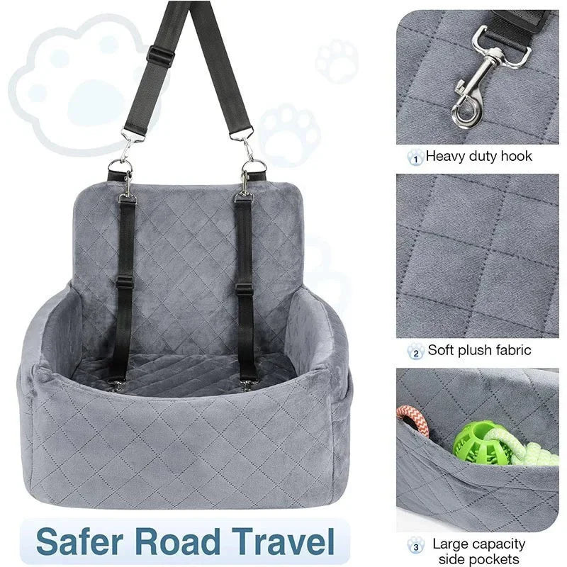 Pet Car Seat Kennel – Removable Washable Anti-Slip Dog & Cat Travel Nest | Front & Rear Row Safety Seat (Black, Gray)