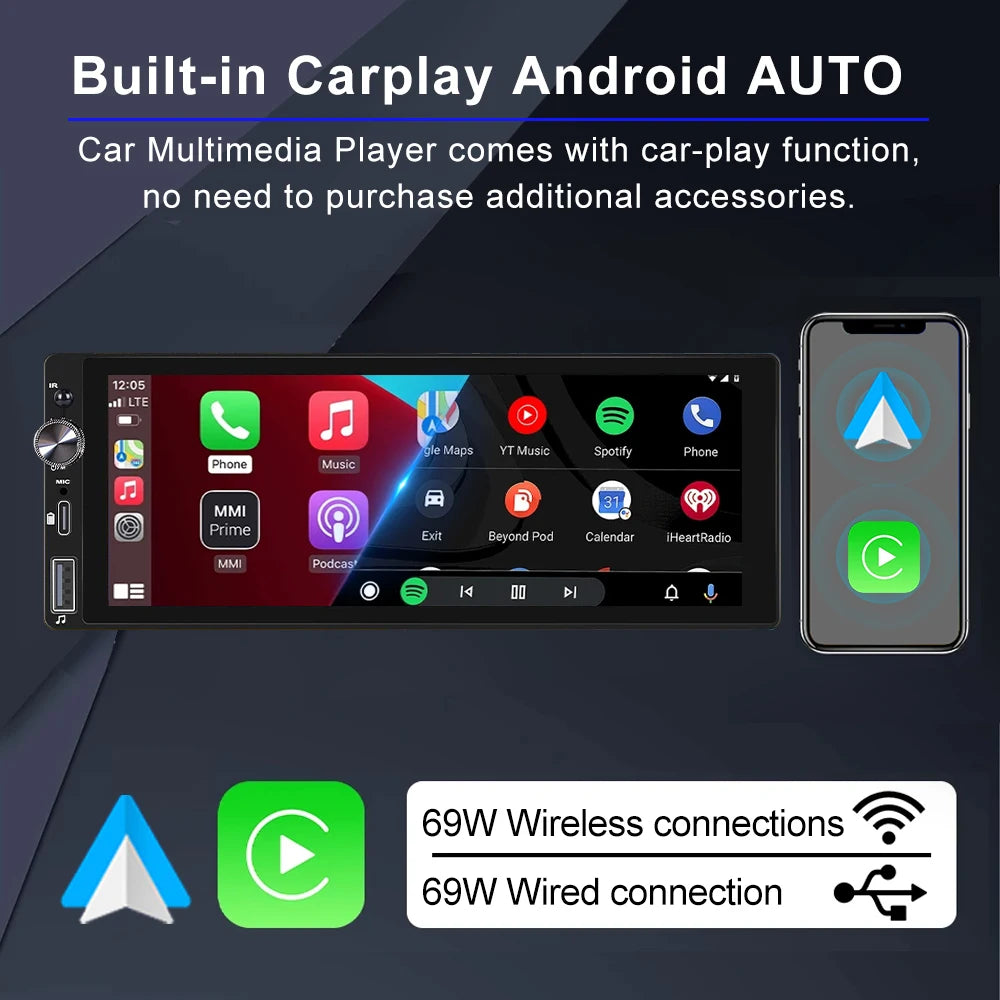 6.9" 1 DIN Universal IPS Car Stereo with Apple CarPlay & Android Auto