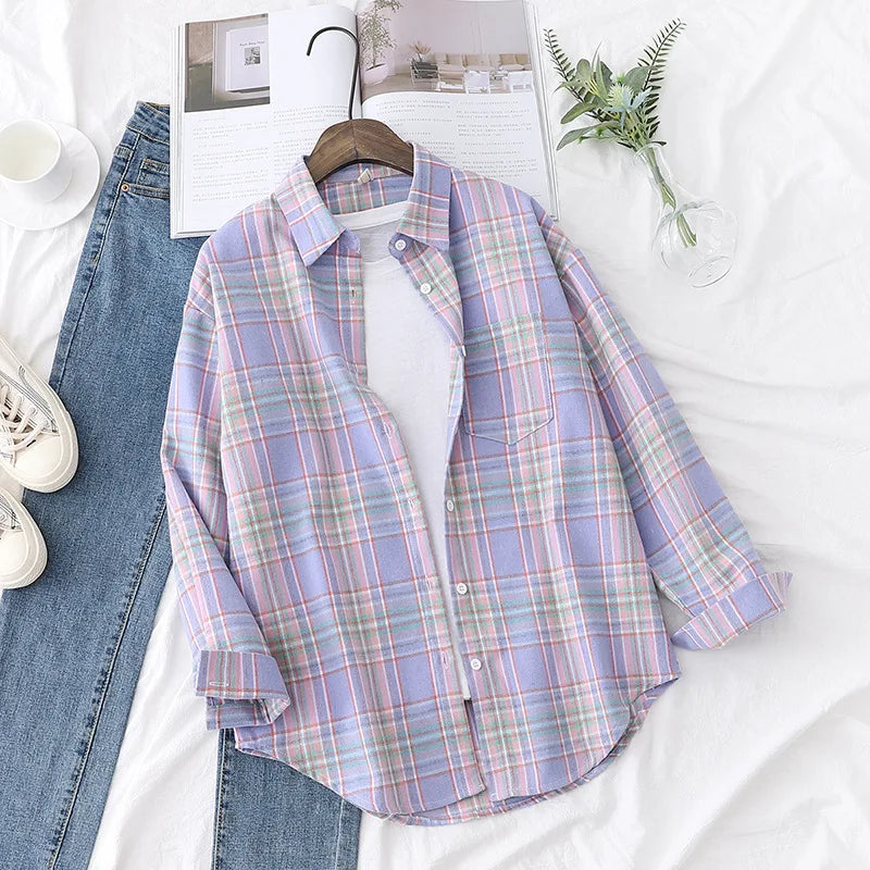 Women's Plaid Long Sleeve Shirt - Loose Casual Button-Up Blouse - photo 8