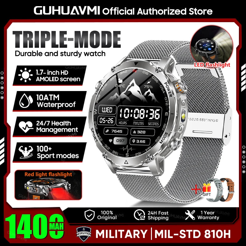 Rugged Outdoor Smart Watch — 1400mAh, 10ATM, Torch & BT Call