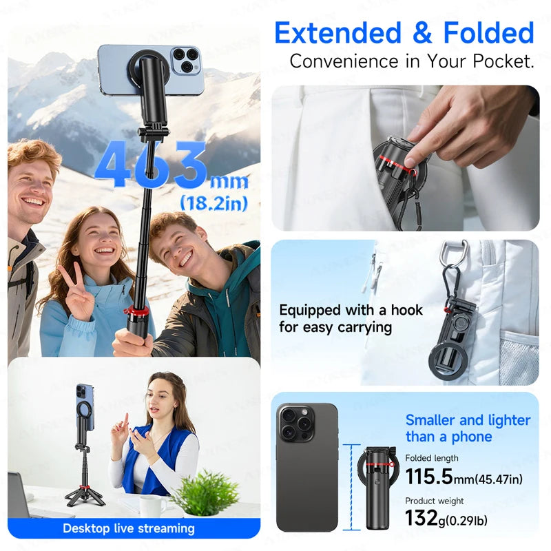 Mini Magnetic Selfie Stick Tripod Removable Remote Control Quadrapod Holder 360° Rotation for iPhone 16 15 14 13 12 Vlog Live