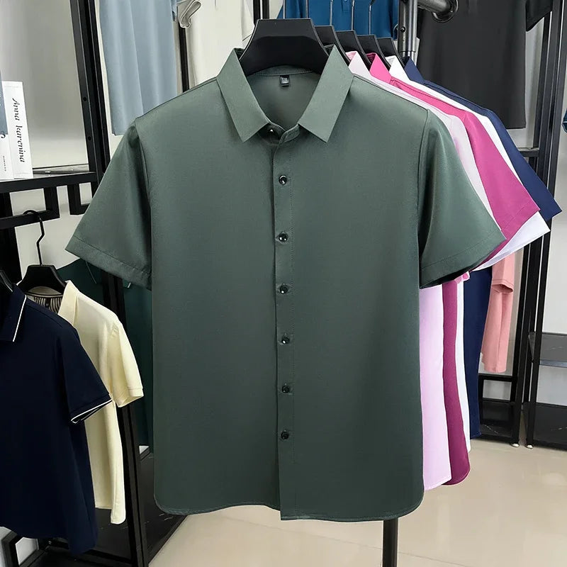 Men's Solid Dress Shirt - Short Sleeve, Wrinkle-Resistant Slim Fit