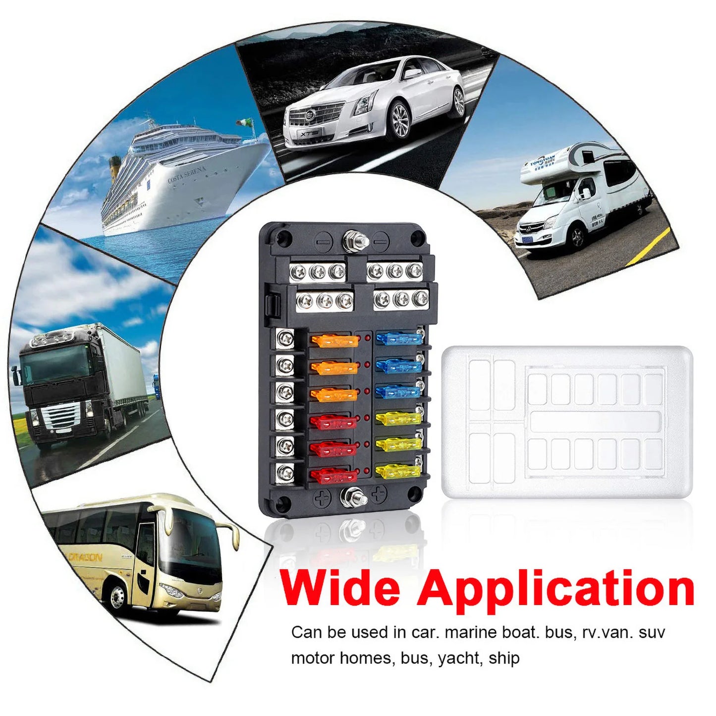 6-12 Way Blade Fuse Block Fuse Box Holder Cover With LED Indicator For a Pillar Switch Panel 12V-24V Board Camper RV Boat