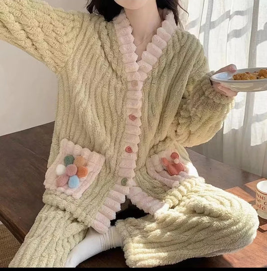 Women's Flannel Cardigan Pajama Set - Button Front Winter Sleepwear