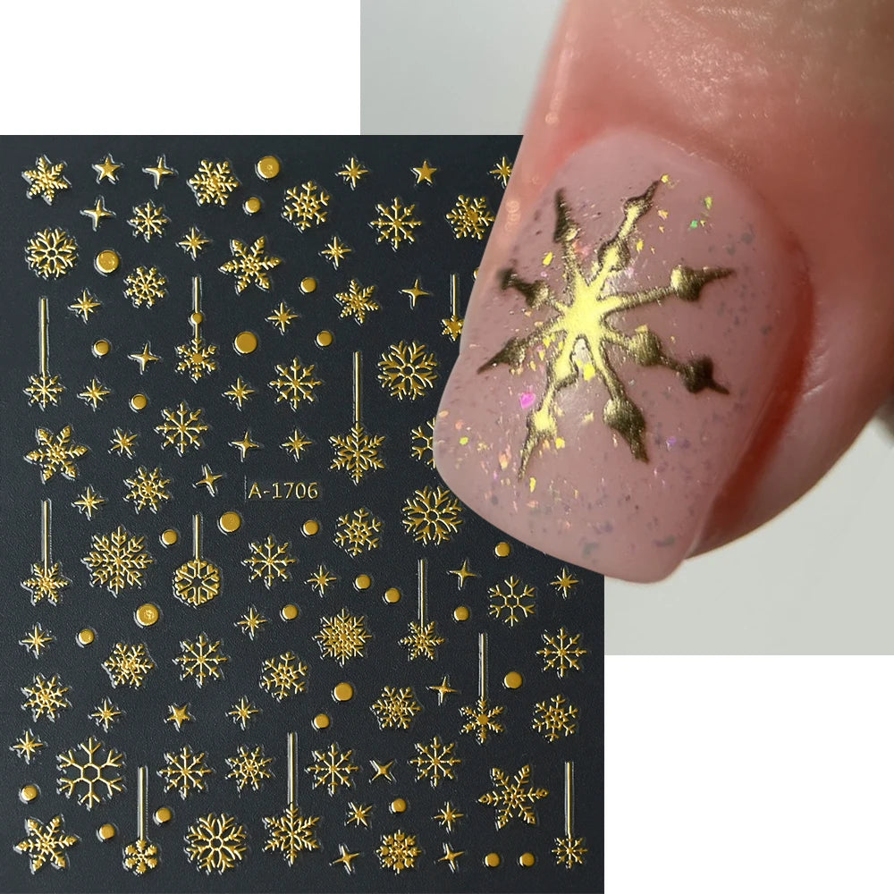 12pcs/set Gold Laser Snowflake Nail Stickers Set 3D Luminous Snowflakes Adhesive Nail Decals Winter Snowman Elk Maniucre Decorat