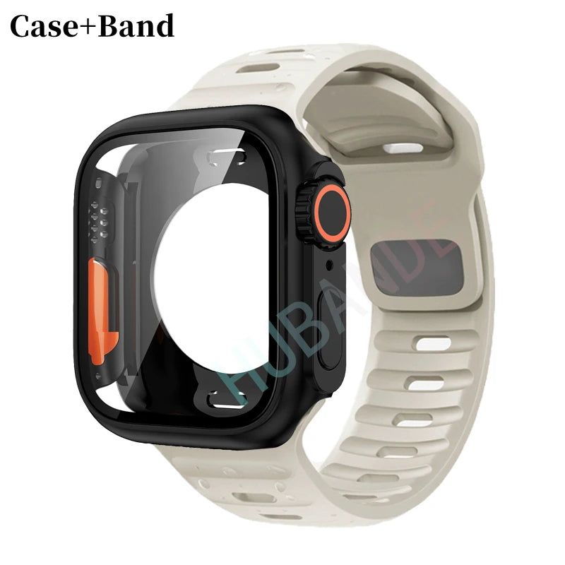 Silicone strap For Apple Watch 44mm 45mm 41mm 40mm Bracelet+Screen protectores Change to Ultra For iWatch Series 9 8 7 SE 6 5 3