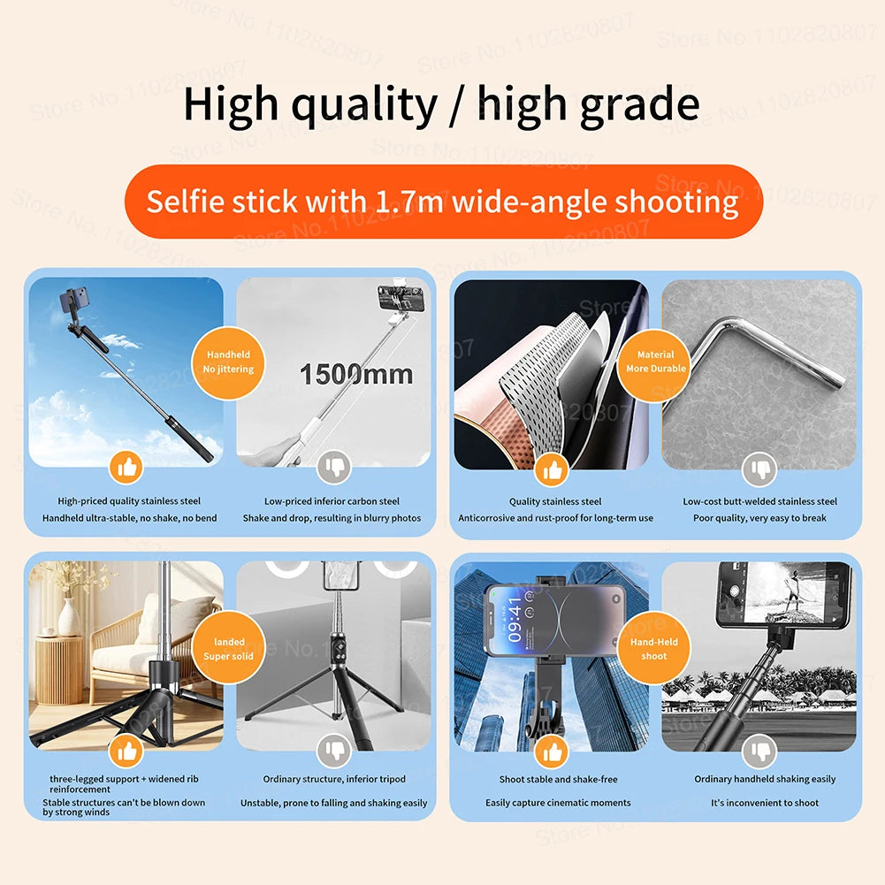1.7M Extendable Bluetooth Selfie Stick Tripod – Wireless Remote & Fill Light for TikTok Live Streaming
