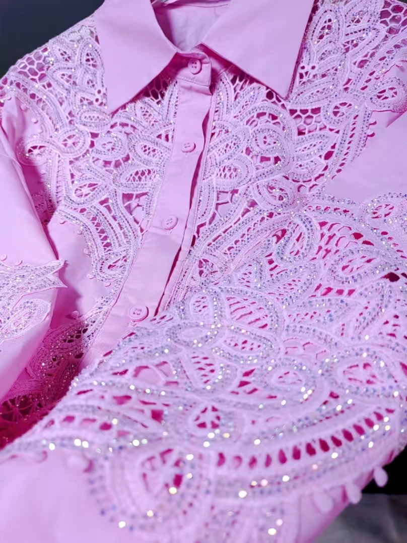 Luxury Diamonds Sequins Hollow Out Embroidery Y2K Cotton Blouses Shirts Women 2025 Autumn Lantern Sleeve Tops Camisas De Mujer