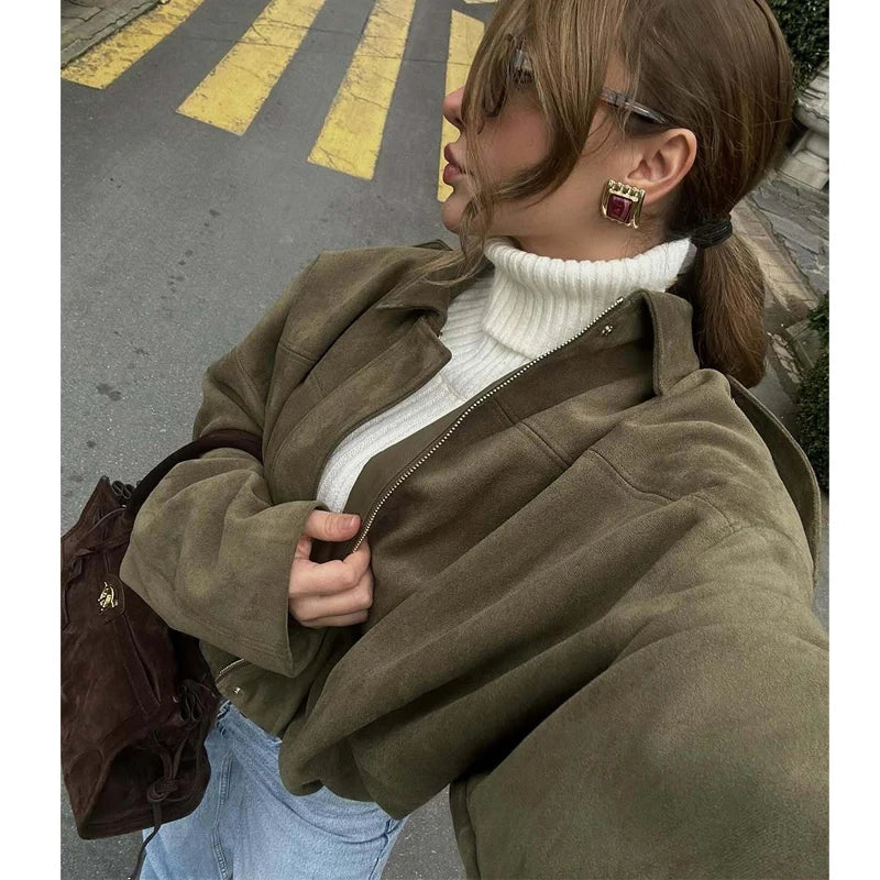 Women's Faux Suede Varsity Bomber Jacket - Oversized Padded Coat - photo 3
