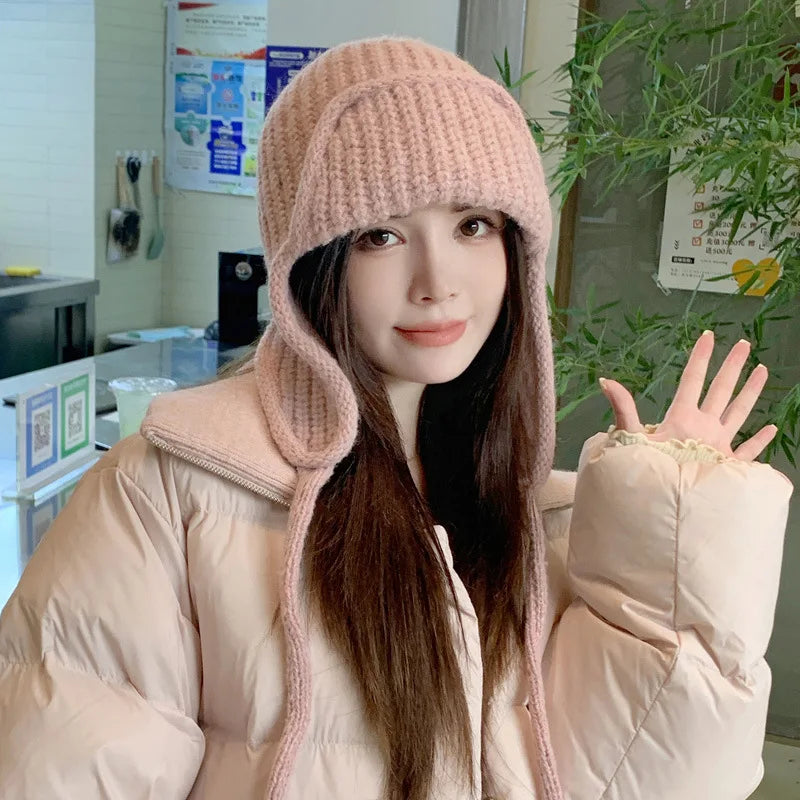 Winter Warm Knitted Hat Women  Earflap Beanie Super Soft Thickened Windproof Cold Weather Fashion Cap for Autumn Thick