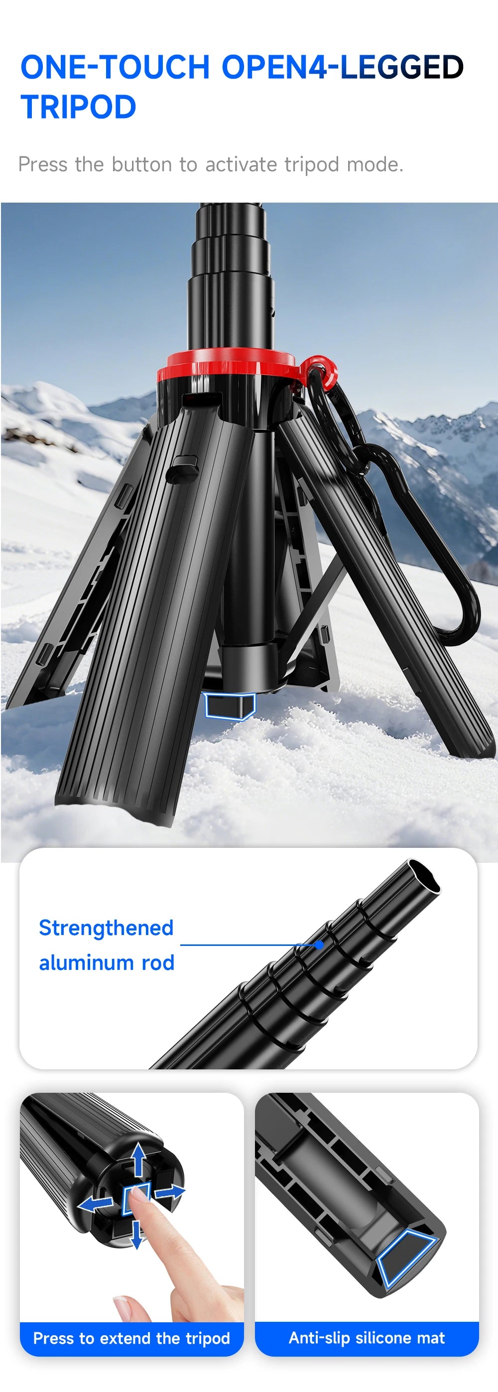 Mini Magnetic Selfie Stick Tripod Removable Remote Control Quadrapod Holder 360° Rotation for iPhone 16 15 14 13 12 Vlog Live