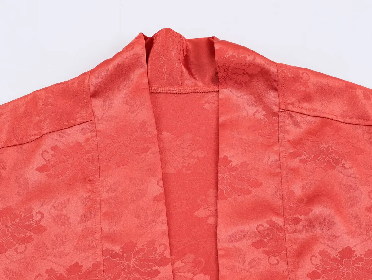 Women's Cardigan 2026 Summer Vintage Streetwear Satin Long Cardigan Red Floral Print Batwing Sleeve Loose Casual Coat