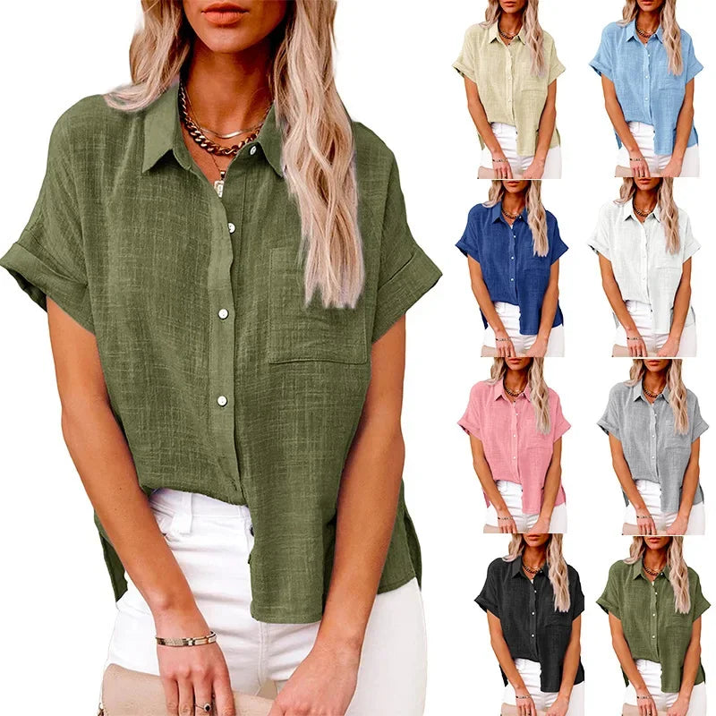 Women's Cotton-Linen Blouse — Loose Short-Sleeve Casual Summer Top
