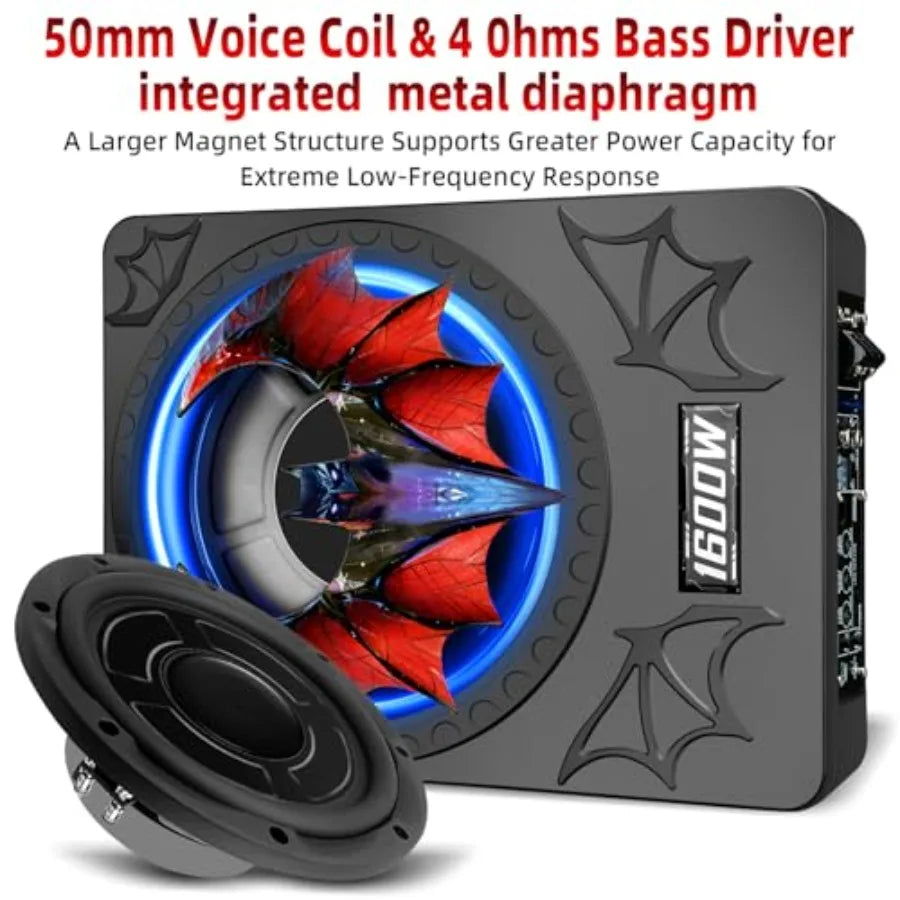Under seat subwoofers for vehicles, aluminum alloy, black, 1600W slim design with built-in amp, LED ambient light, deep bass, i