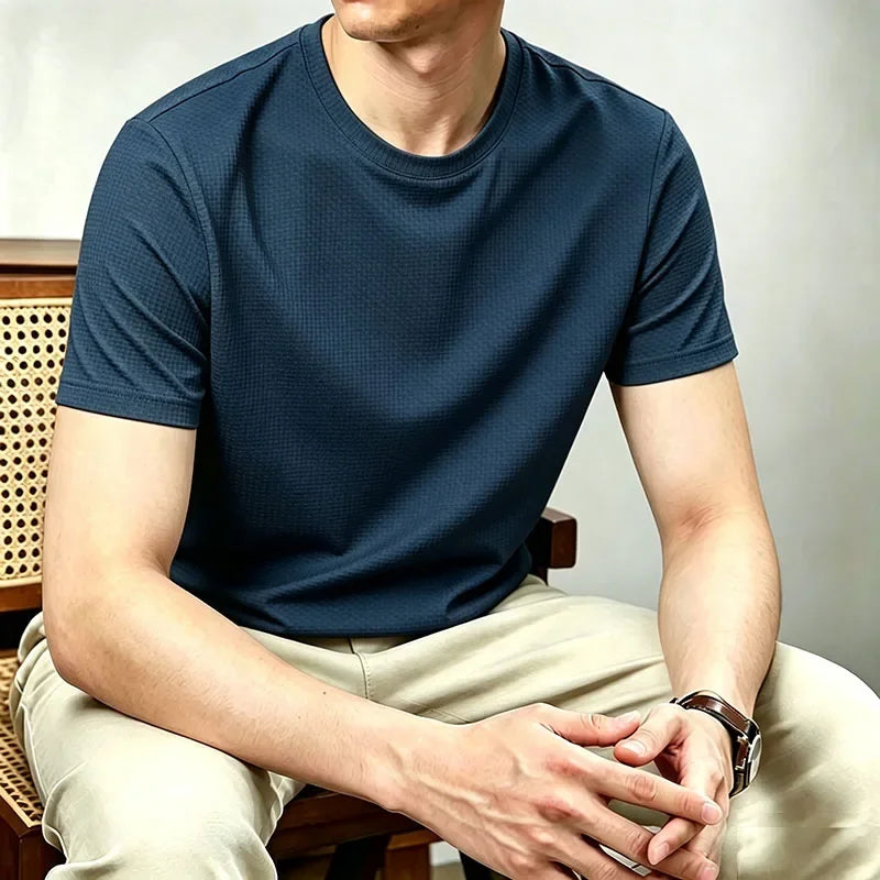 Men's Waffle Jacquard Tee - Crew Neck, Cooling Breathable Knit