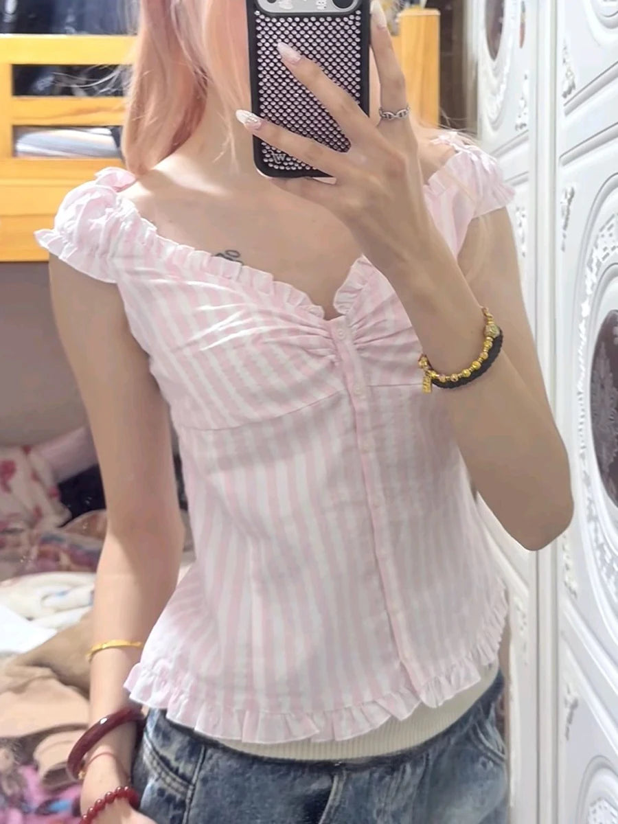 Ruffles White Basic Blouse Top for Woman Summer Folds Single Breasted Sleeveless Tank Tops Casual Cotton Vest Y2k Sweet Camisole